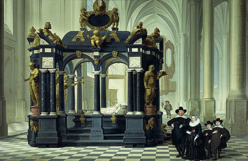 A family beside the tomb of Willem I in the Nieuwe Kerk, Delft., Dirk van Delen